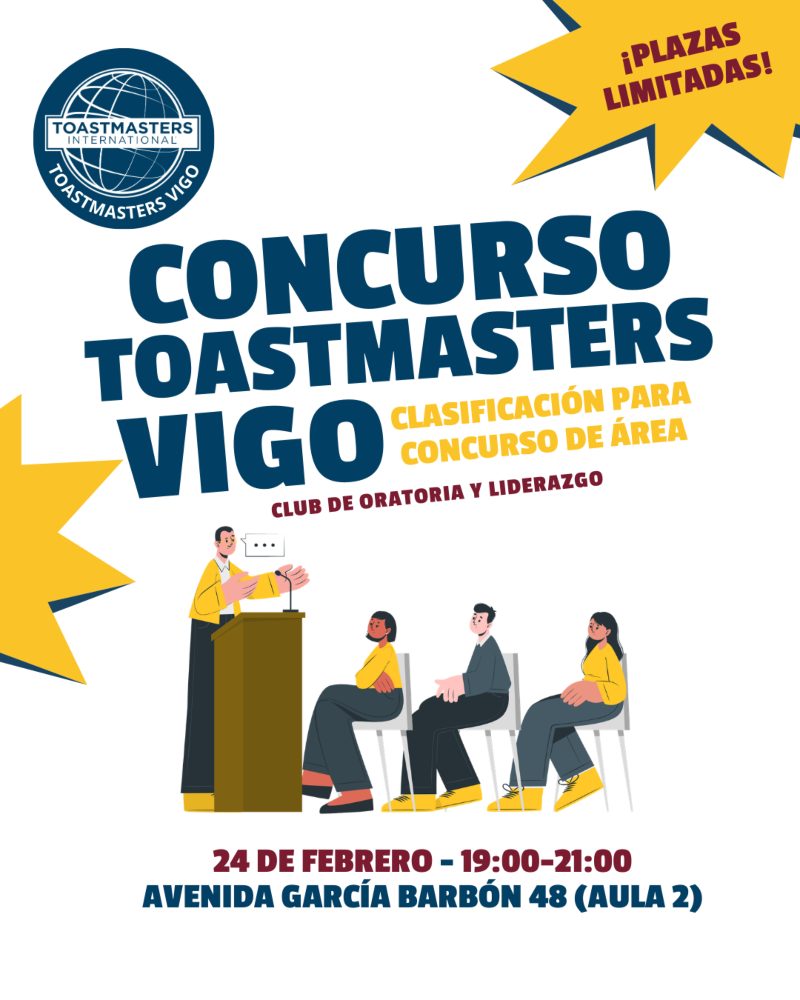 Cartel del Concurso Toastmasters Vigo 2026 clasificatorio para el Concurso de Área con fecha, hora y ubicación en García Barbón 48