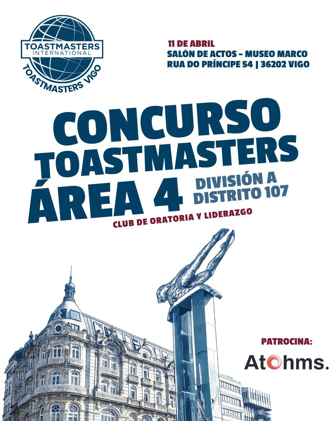 Cartel del Concurso Toastmasters Área 4 en Vigo el 11 de abril en el Museo MARCO